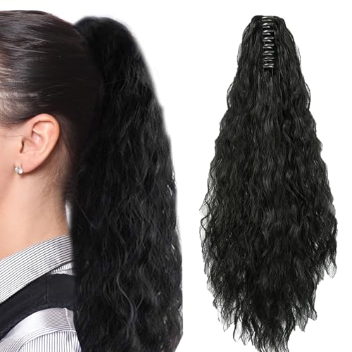 GWAWG Claw Clip Ponytail Extension, 50 cm Long Wavy Curly Hair Extension, Synthetic Braid Hair Extension, Black Claw Clip-In Hairpiece, Ponytail Extension for Women von GWAWG
