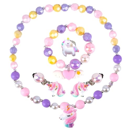 GWAWG Einhorn Halskette Armband Mädchen bunten Schmuck Set Halskette Ohrring Armband Ring Set für kleine Mädchen Prinzessin Dress Up Great Modeschmuck und Party Favors Geschenk von GWAWG