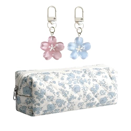 GWAWG Federmäppchen Blumen mit Reißverschluss & 2 Anhänger, Niedliches Stiftemäppchen, Tragbares Stifteetui Schule Büro, Kosmetiktasche Schulmäppchen Tischstifthalter Geschenk Mädchen Teenager Damen von GWAWG