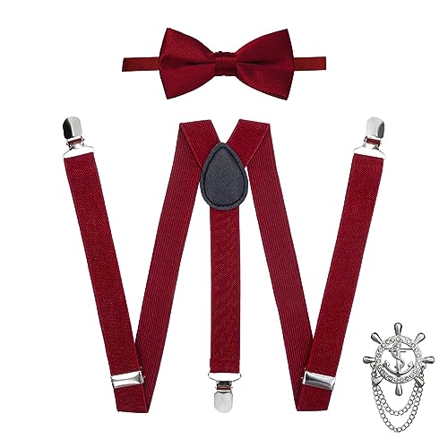 GWAWG Fliege Hosenträger Set Herren, Verstellbare Hosenträger mit Brosche, Rot, für Hochzeit Party Zeremonie, für Männer und Jungs von GWAWG