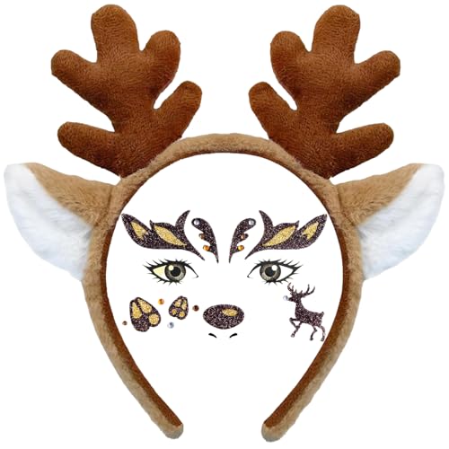 GWAWG Geweih Haarreif, Rentier Hirschgeweih Haarreif für Erwachsene Kinder, Halloween Party Kopfschmuck (Braun Stirnreif + Gesichtsaufkleber) von GWAWG