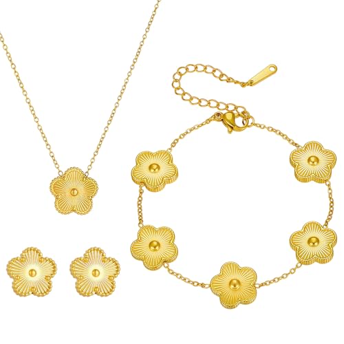 GWAWG Glücksklee Schmuckset für Damen, Halskette, Ohrringe und Armband, 18K Gold Edelstahl, Vierblättriges Kleeblatt Design, Geschenk für Valentinstag, Muttertag und Weihnachten (Gold) von GWAWG