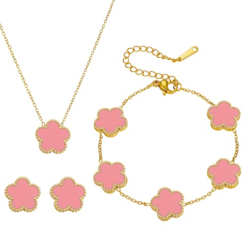 GWAWG Glücksklee Schmuckset für Damen, Halskette, Ohrringe und Armband, 18K Gold Edelstahl, Vierblättriges Kleeblatt Design, Geschenk für Valentinstag, Muttertag und Weihnachten (Rosa) von GWAWG