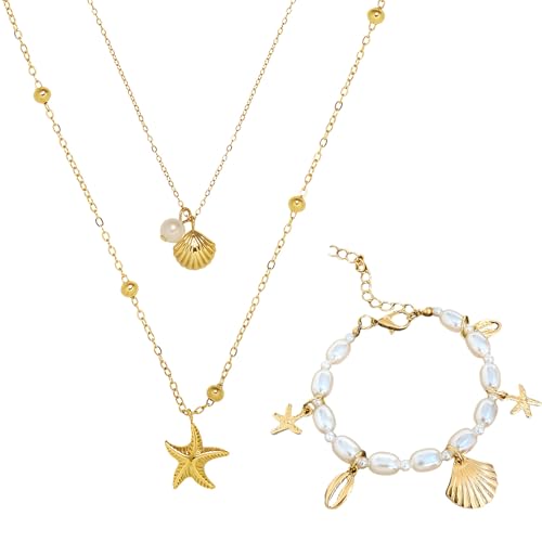 GWAWG Goldene Seestern Muschel Halskette Armband Set – Boho Sommer Schmuck für Damen – Verstellbare Muschelkette & Armband – Strandaccessoires, hypoallergener Schmuck, Geschenk für sie Geburtstag von GWAWG