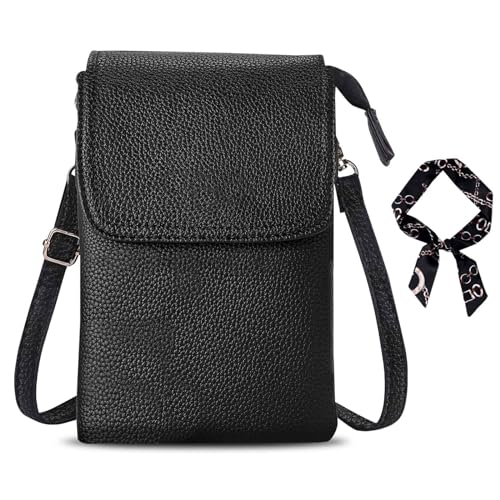 GWAWG Leder-Umhängetasche, Handy-Geldbörse, klein für Damen, Mini-Schultertasche mit langem Riemen und Schlüsselring und Schals, passend für 8 Plus oder Telefon weniger 16,5 cm, Schwarz , 20 x 13 x 3 von GWAWG