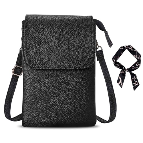 GWAWG Leder-Umhängetasche, Handy-Geldbörse, klein für Damen, Mini-Schultertasche mit langem Riemen und Schlüsselring und Schals, passend für 8 Plus oder Handy weniger 16,5 cm, Schwarz , 20 x 13 x 3 von GWAWG