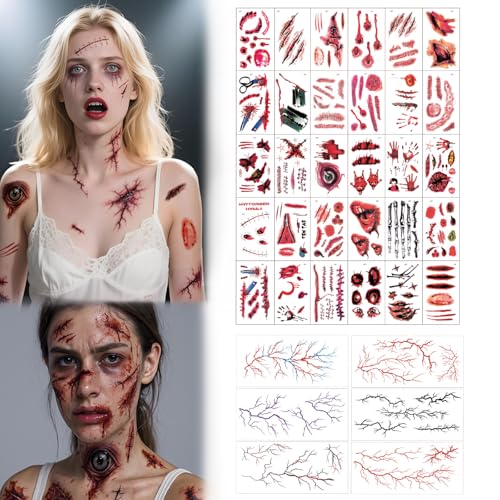 GWAWG Narben Tattoo Halloween 36 Blatt Temporäre Horror Tattoos Realistische Blutige Wunden Aufkleber Gesicht Körper Zombie Vampir Make-up Halloween Kostüm Zubehör Party Fasching Karneval Cosplay von GWAWG
