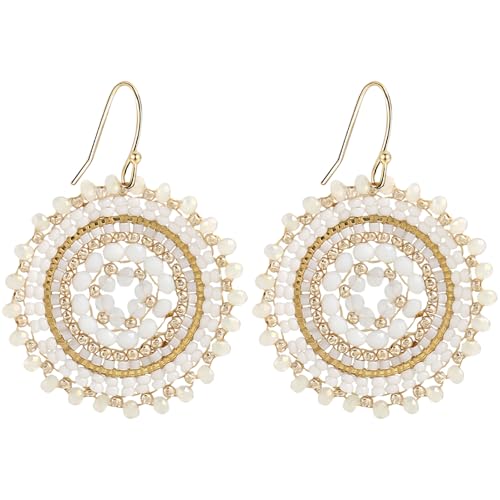 GWAWG Perlenohrringe Damen Boho Statement Sommer Ohrringe Hängend, Handgemachte Gold Ohrringe mit Kristall Glasperlen, Große Ohrringe für Strand Hochzeit Alltag Party Geschenkidee (Weiß) von GWAWG
