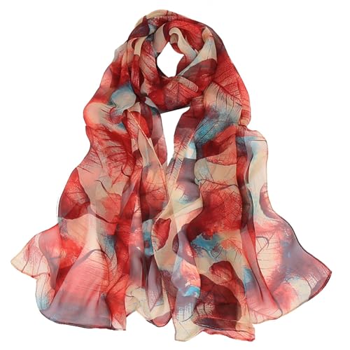GWAWG Sommerschal Damen Dünn Chiffon Schal Leicht Blätter Rötlich-Gelb für Strand Alltag Party Bankett von GWAWG