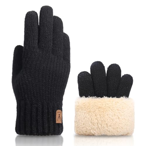 GWAWG Winter Touchscreen Strickhandschuhe Reine Wolle Thermo Winterhandschuhe für Damen Herren Skifahren Ausgehen Warm zu Hause, Schwarz , One size von GWAWG