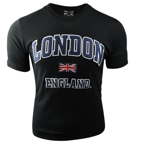 GWCC LE105BN Unisex T-Shirt London England Appliqye Stickerei Farbe Schwarz mit marineblauer Applikation Größen XS bis 4XL, Schwarz , S von GWCC