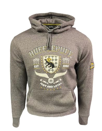 Lizenziertes Harry Potter Unisex Hufflepuff-Hoodie aus Chainette-Stoff und Puff-Druck, Kapuzen-Sweatshirt, mit gestickter Quidditch-Flagge auf Ärmeln, Anthrazit, Hufflepuff, XXL von GWCC