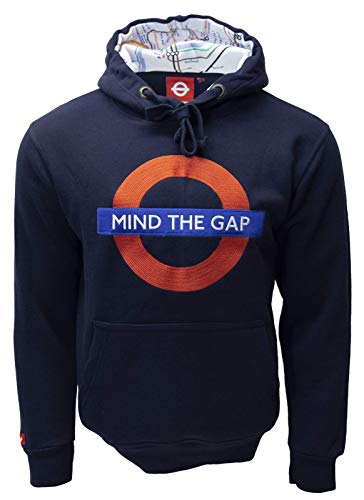 Mind The Gap Logo Marineblau Bestickt Kapuzenpullover mit Tube-Map Inside The Hood - Marine, S von British Heritage Brands