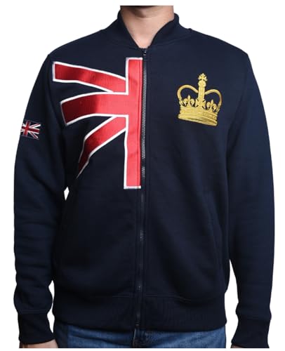 Unisex Union Jack Baseballjacke Kettenstich Stickerei Königskrone Gold Emb XS bis 4XL Hoodie Kapuzen-Sweatshirt, marineblau, 4X-Large von GWCC