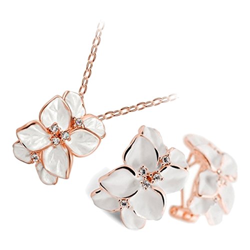 GWG Jewellery 18K vergoldetes Schmuckset, Anhänger-Halskette und Ohrringen, Blumendesign im Vintage-Look mit weißen Blättern mit diamantklaren Kristallen in Geschenkbox für Frauen von GWG Jewellery