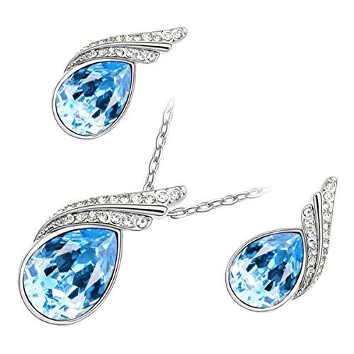 GWG Jewellery 18K weißvergoldetes Schmuckset, Anhänger-Halskette und Ohrringen, Kristall in türkis blau mit 2 Bändern mit weißen Steinen, Wassertropfen-Form in Geschenkbox für Frauen GWG Jewellery 18K weißvergoldetes Schmuckset, Anhänger-Halskette und Ohrringen, Kristall in türkis blau mit 2 Bändern mit weißen Steinen, Wassertropfen-Form in Geschenkbox für Frauen von GWG Jewellery