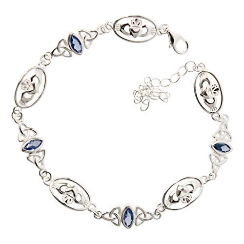 GWG Jewellery 925 Sterlingsilber Irisches Claddagh und Keltischer Trinity Knoten Verziert mit Aquamarin-Meerblauem Kristall in Marquise-Form Gliederarmband in Geschenkbox für Frauen von GWG Jewellery