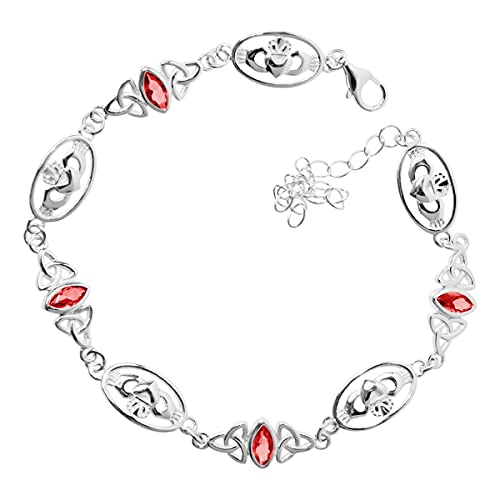 GWG Jewellery 925 Sterlingsilber Irisches Claddagh und Keltischer Trinity Knoten Verziert mit Rubinrotem Kristall in Marquise-Form Gliederarmband in Geschenkbox für Frauen von GWG Jewellery