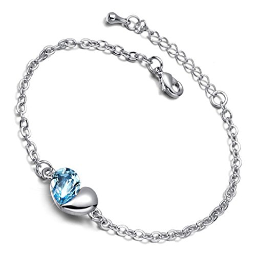 GWG Jewellery Sterling Silber beschichtet, Herz in Kette verziert mit Aquamarin-Meerblauem Kristall in Herzform, Armband von GWG Jewellery