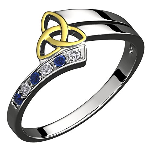 GWG Jewellery Ring Sterlingsilber Keltisches 18K vergoldetes Triquetra Dreifaltigkeitsknoten mit blauen CZ Steinen verziert – 7 von GWG Jewellery