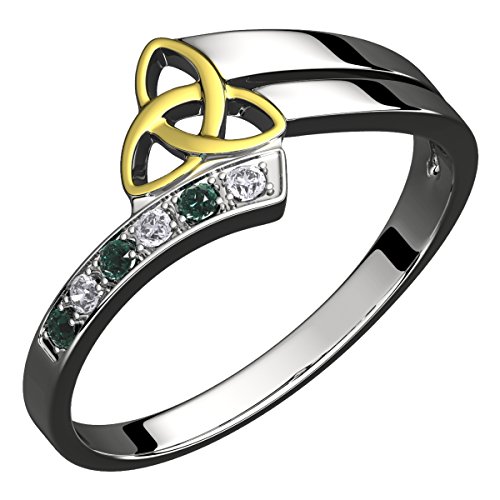 GWG Jewellery Ring Sterlingsilber Keltisches 18K vergoldetes Triquetra Dreifaltigkeitsknoten mit grünen CZ Steinen verziert – 10 von GWG Jewellery