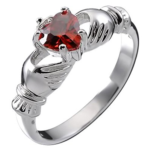 GWG Jewellery Sterlingsilber Claddagh Liebesring mit Rubin-Rotenherz Stein, Händen und Krone – 9 in Geschenkbox für Frauen von GWG Jewellery