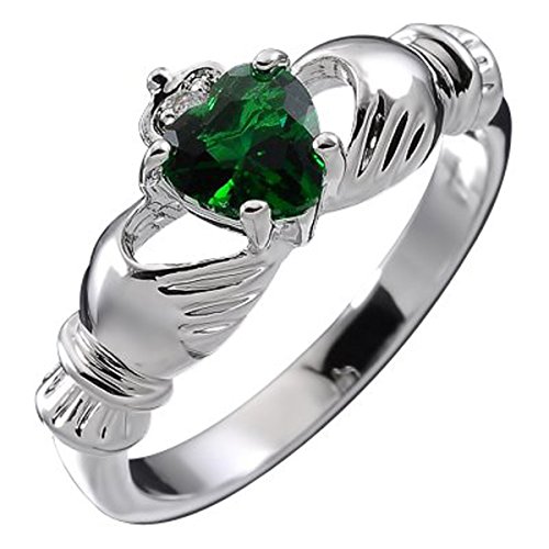 GWG Jewellery Sterlingsilber Claddagh Liebesring mit Smaragd-Grünenherz Stein, Händen und Krone – 7 in Geschenkbox für Frauen von GWG Jewellery