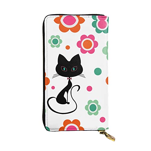 GWINDI Cartoon Katze Muster Männer Und Frauen Leder Brieftaschen Kupplungen Und Brieftaschen Weiches Leder Drucken Reißverschluss Multi Kartenfächer, Cartoon Katze und Blumen, Einheitsgröße von GWINDI