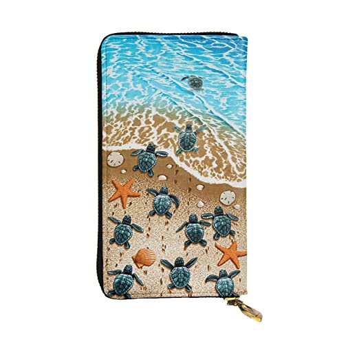 GWINDI Strandszene Mit Stühlen Männer Und Frauen Leder Brieftaschen Clutches Und Brieftaschen Weiches Leder Print Zip Multi Kartenfächer, Schildkröten am Strand, Einheitsgröße, Classic von GWINDI