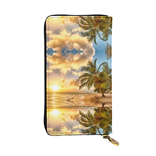 GWINDI Sunset Hawaiian Palm Tree Herren Und Frauen Leder Geldbörsen Clutches Und Brieftaschen Weiches Leder Print Reißverschluss Multi Kartenfächer, Sonnenuntergang Hawaii-Palme, Einheitsgröße von GWINDI