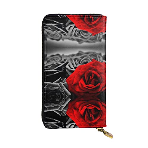 GWINDI Tropischer Paradiesvogel Herren Und Frauen Leder Geldbörsen Clutches Und Brieftaschen Weiches Leder Print Reißverschluss Multi Kartenfächer, Schwarze weiße und rote Rosen, Einheitsgröße von GWINDI