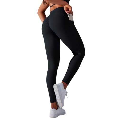 GWS SHOP Damen Leggings Sport Damen High Waist, Scrunch Butt Push Up Leggings Nahtlos Elastisch Yoga Leggings mit Tasche (DE/NL/SE/PL, Alphanumerisch, L, Regular, Regular, Schwarz) von GWS SHOP