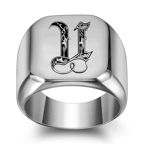 GWSGSFAS Fashion 26 englische Buchstaben Titan Stahl Ring Herren Retro Punk Quadratisch Glatt 18 mm Trendy Herrenring, 38, Metall, Zirkonia von GWSGSFAS