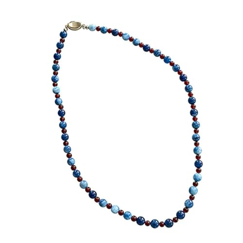GWSGSFAS Natürliche Stein-Perlenkette, blauer Achat, kurze Halskette, trendiger Schmuck für Damen, Schlüsselbeinkette, Zubehör, 45 cm, Metall, Legierung von GWSGSFAS