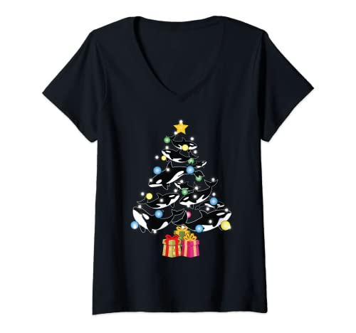 Damen Orca-Wal und Weihnachtsbaum Orca Weihnachten T-Shirt mit V-Ausschnitt Damen Orca-Wal und Weihnachtsbaum Orca Weihnachten T-Shirt mit V-Ausschnitt von GWhales