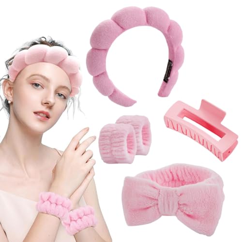 5 Stück Haarband Kosmetik, Spa Stirnband zum Waschen Gesicht Wristband Set Schwamm Weiches Frottee Make-up Hautpflege Anti-Rutsch-Stirnband Frottee Handtuch Stirnbänder für Damen Mädchen von GXGM