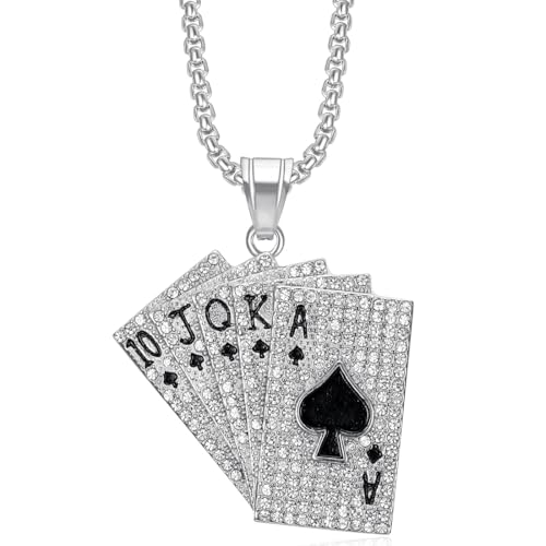 GXGM 10 J Q K A Poker Halskette,Pik Royal Flush Halskette,Legierung Playing Cards,Pik Ass Spielkarte Anhänger Halskette mit Strasssteinen,Rock Gothic Punk Hip Hop Kette für Männer von GXGM