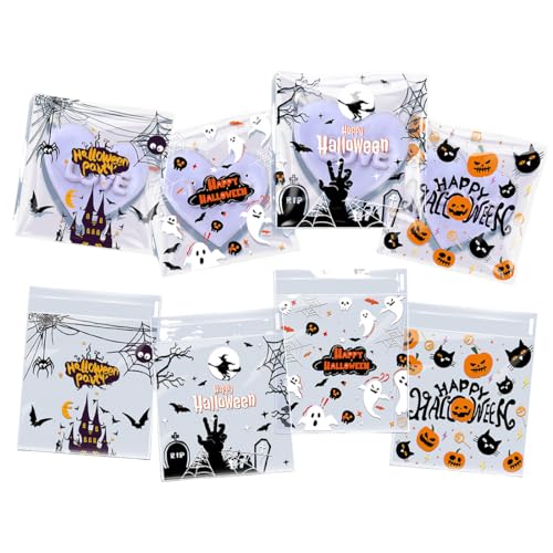 GXGM 200 transparente Plastiktüten, 4 verschiedene Halloween-Süßigkeitentüten-Motive, selbstverschließende transparente Plastikverpackungstüten, geeignet für Kinderpartys, 10 x 10 cm von GXGM