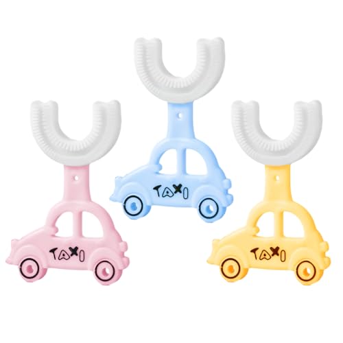 GXGM 3 Stück 360 Grad Zahnbürste Mundpflege,Auto Zahnbürste Kinder, U Förmige Kinderzahnbürste ab 2 Jahre, Weicher Bürstenkopf aus Silikon,Massage-Zahnfleisch, Kleine Größe(Blau +Rosa +Gelb) von GXGM