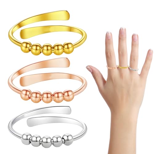 GXGM 3 Stück Anxiety Ring für Frauen,Anxiety Ring Gold,Verstellbare Ringe,Mit Perlen Anti Stress Ring für Frauen,Stress Spinner Fidget Ringes Gegen Angst,Geschenk(Silber+Gold+Roségold) von GXGM