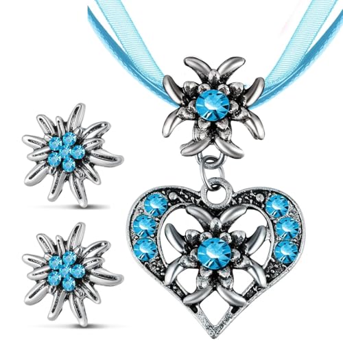GXGM 3-teiliges Oktoberfest Deko Trachtenschmuck Set für Damen: Bayerisch Dirndlschmuck Trachtenkette mit Strass Edelweiß Herz Anhänger und Edelweiß Ohrstecker (Blau) von GXGM