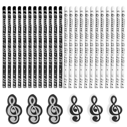 GXGM 30 Stück Musiknoten Stifte Set,24 Bleistifte für Musiknoten + 6 Radiergummis Mit Musiksymbolen,Musikmotiven Bleistifte,Bleistift Musik Für Studenten Kinder Partygeschenke von GXGM