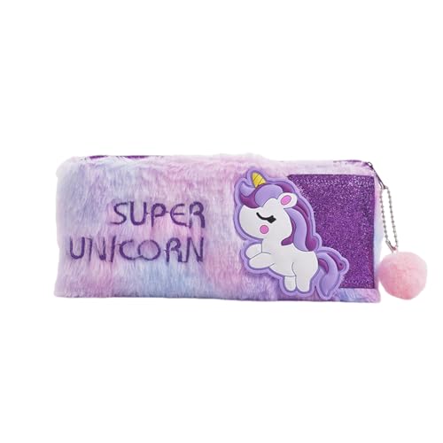 GXGM Einhorn-Federmäppchen, PlüSch Schreibwaren Tasche Flauschig Federmäppchen Weicher Stifthalter Reißverschluss Schreibwarentasche Tragbare Kosmetiktasche(Farbverlauf Lila), 1 Stück von GXGM