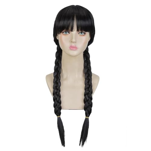 GXGM Perücke im Wednesday Addams Stil mit Pony und Doppelzöpfen, Schwarze Cosplay Perücke aus Synthetischen Fasern, Einstellbare Größe, Perfekt für Halloween, Cosplay, Mottopartys von GXGM
