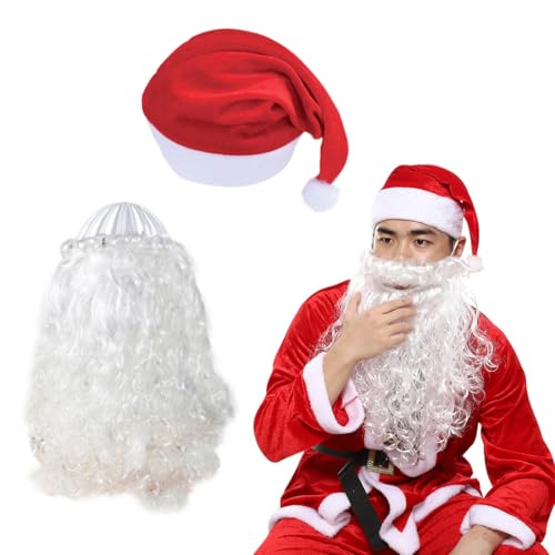 GXGM Weihnachtsmann-Mütze+Weihnachtsmann Bart Vollbart Weiß Erwachsene Weihnachtsmann Kostüm Accessoires Nikolaus Bart Karneval Halloween von GXGM
