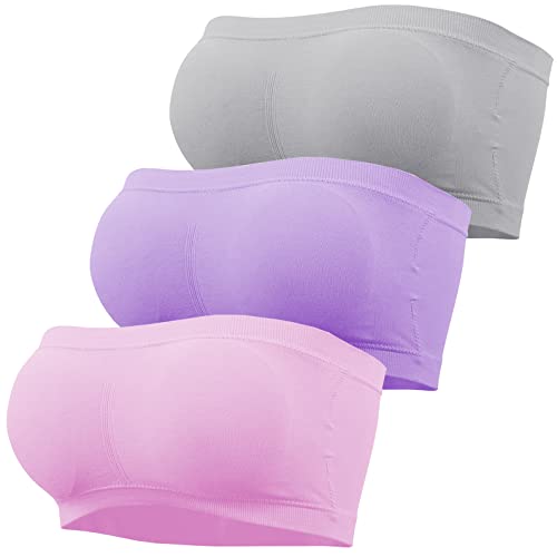 GXIN 3 Stück Damen trägerlos Bandeau BH gepolstert Nahtlose Bralettes dehnbar Bandeau Tube Top BHS (as3, Alpha, x_l, Regular, Regular, Standard, Grau, Rosa, Lila) von GXIN