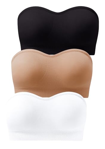 GXIN 3 Stück Frauen trägerlos Bandeau BH gepolstert nahtlos Damen Bralettes Stretch Bandeau Tube Top BH (DE/NL/SE/PL, Alphanumerisch, XL, Regular, Regular, Standard, Schwarz, Weiß, Nackt) von GXIN