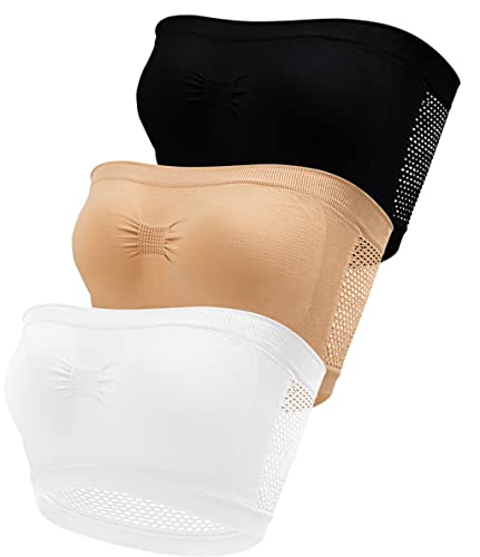 GXIN 3-teiliger Bandeau-BH für Damen, ungepolstert, dehnbar, trägerlos, Brarette, weich, nahtlos, bügelfrei, Bandeau-Schlauchtop-BH (as3, Alpha, 3X_l, Weiß, Nude, Schwarz, 3XL) von GXIN