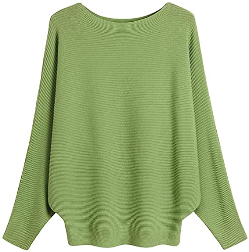 GXIN Damen Pullover Schulternfrei Fledermaus-Ärmel Lose Passform Lässiger Pullover Warmer Oversize-Strickpullover Top (Apfelgrün) von GXIN