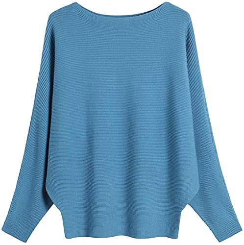 GXIN Damen Pullover Schulternfrei Fledermaus-Ärmel Lose Passform Lässiger Pullover Warmer Oversize-Strickpullover Top (Azurblau) von GXIN